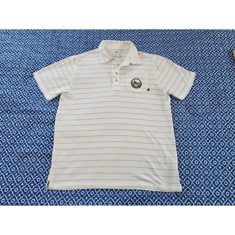free fly mens Short Sleeve polo shirt Medium Striped Mountain High